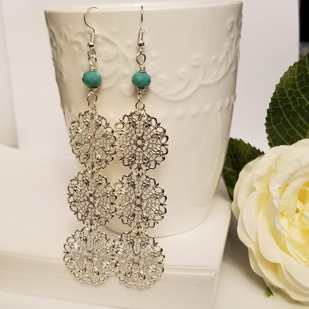 Long Snowflake Filigree Earrings