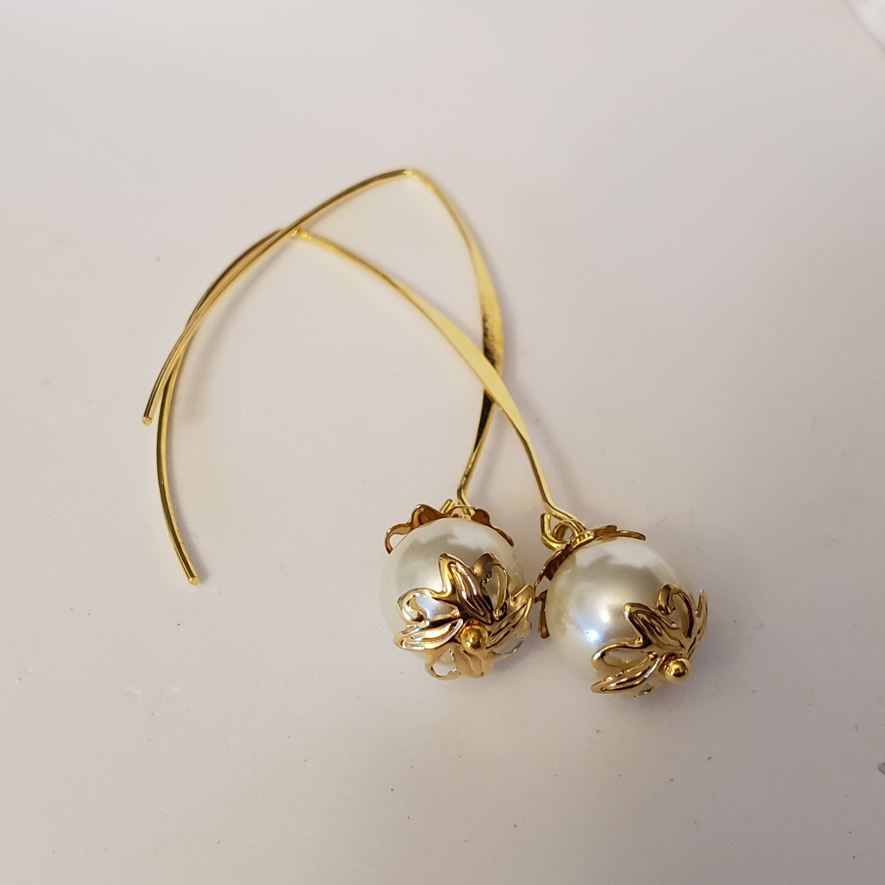 Cream Glass Pearl Gold Earrings
