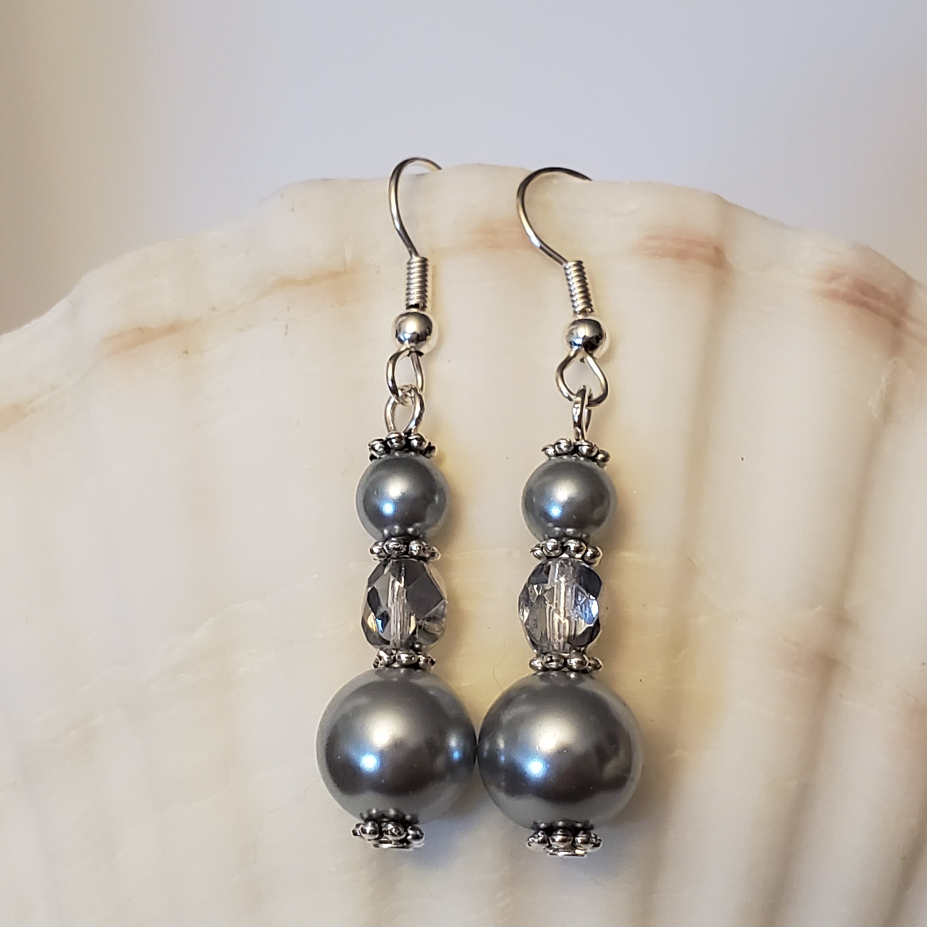 Dark Grey Glass Pearls - Earrings