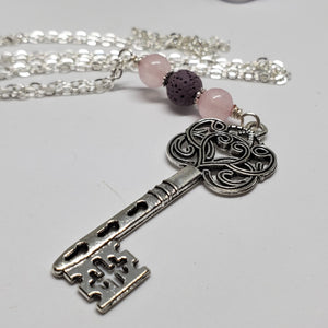Key charm with Rose Quartz and Pink Lava Bead