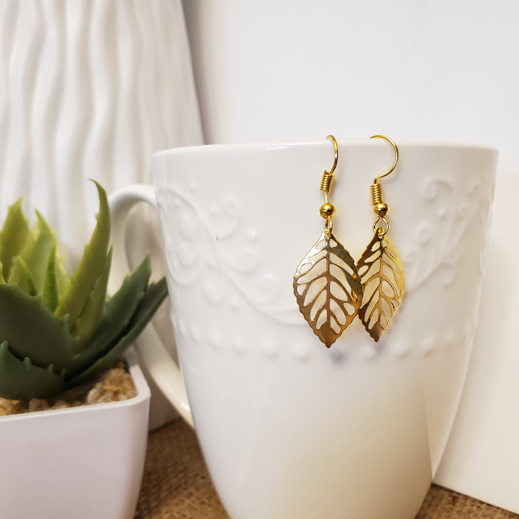 Gold Leaf Filigree Earrings with light blue stone